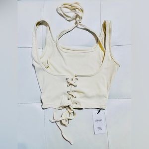 Cider Beige Solid Lace Up Rib Knit Cami Top; Size XS